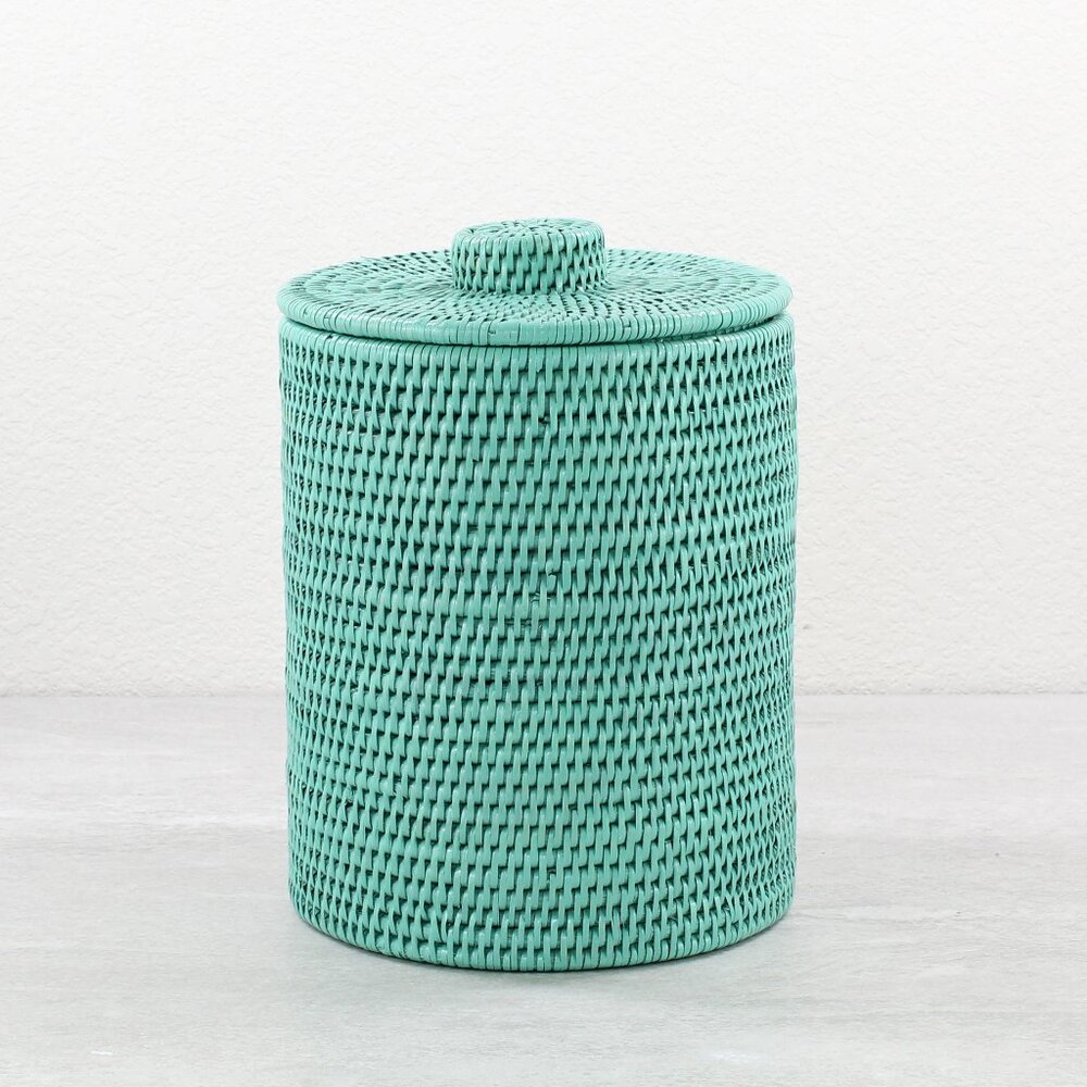 NEW Tight Woven Rattan Waste Basket Bin w Lid (with Plastic Insert)-Turquoise